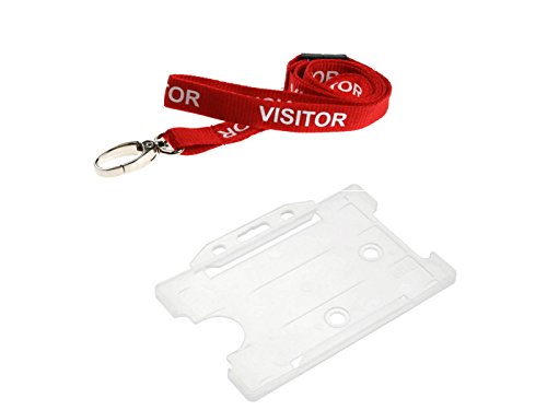 1 Red Visitor Breakaway Neck Lanyard (Metal Clip) & Clear ID Card Pass Badge Holder von ID Card IT