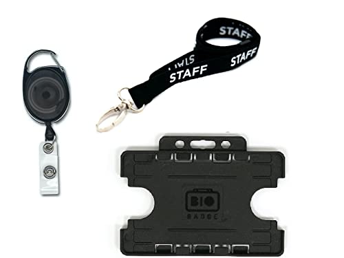 Staff Umhängeband mit Sicherheitsverschluss, 15 mm, doppelter Ausweishalter, Kreditkartengröße und einziehbarer Schlüsselanhänger, Premier YoYo Spule (schwarzes Metall, doppelt) von ID Card IT