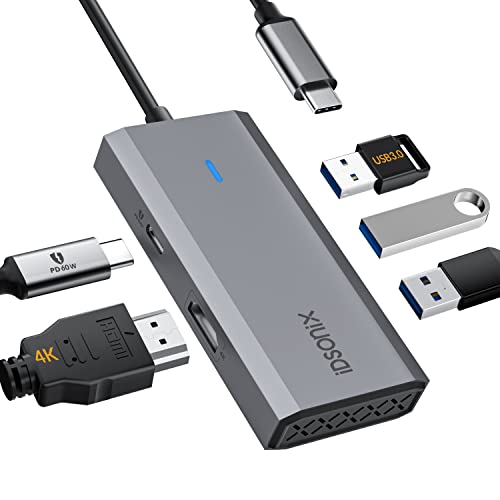 USB C Hub, iDsonix 5 in 1 Aluminium USB C Hub Docking Station mit 4K HDMI Adapter, 60W PD, USB 3.0 Anschluss, USB C Hub kompatibel für MacBook Air/Pro, iPad, HP, Dell (Grau) von IDSONIX SMART INTERACTIVE