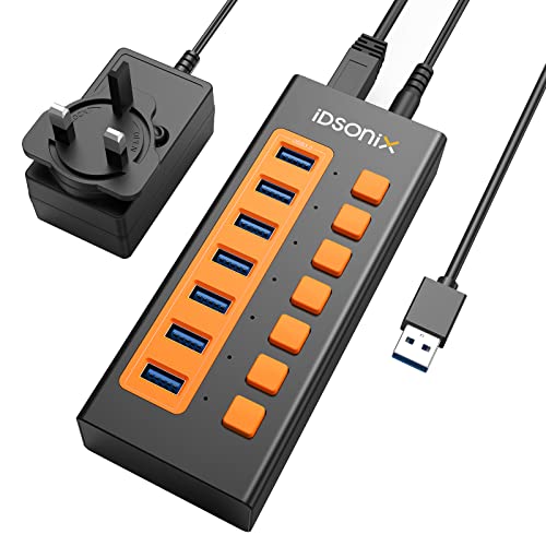 iDsonix USB 3.0 Hub, 7-Port 12V / 2A Powered USB Hub BC1.2 (5V2.4A) Fast Charge 5Gbps High Speed Transfer mit Single Switches Aluminum Alloy USB Splitter für Laptops, PCs und mehr von IDSONIX SMART INTERACTIVE