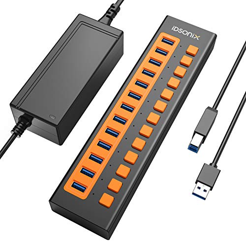 iDsonix USB Hub mit Netzteil, USB 3.0 Hub 13-Port 12V / 5A BC1.2 Fast Charge 5Gbps High Speed Transfer mit individuellen Schaltern Aluminiumlegierung USB Splitter für Laptop, PC von IDSONIX SMART INTERACTIVE