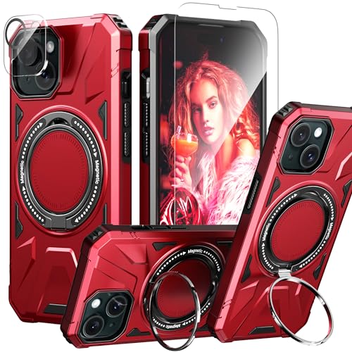 IDYStar Schutzhülle für iPhone 15, mit Displayschutzfolie, 360°-Ring-Halterung und Kameralinsenschutz, zweilagig, robust, magnetisch, strapazierfähig, TPU, harte Polycarbonat-Hülle, Rot IDYStar Schutzhülle für iPhone 15, mit Displayschutzfolie, 360°-Ring-Halterung und Kameralinsenschutz, zweilagig, robust, magnetisch, strapazierfähig, TPU, harte Polycarbonat-Hülle, Rot von IDYStar