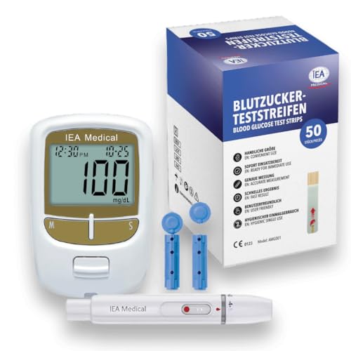 IEA Medical Bundle: Blutzuckermessgerät Set mit 100 Teststreifen und 50 Lanzetten, Blutzuckermesssystem für Diabetes, Blutzuckermessung zur Blutzuckerkontrolle IEA Medical Bundle: Blutzuckermessgerät Set mit 100 Teststreifen und 50 Lanzetten, Blutzuckermesssystem für Diabetes, Blutzuckermessung zur Blutzuckerkontrolle von IEA Medical