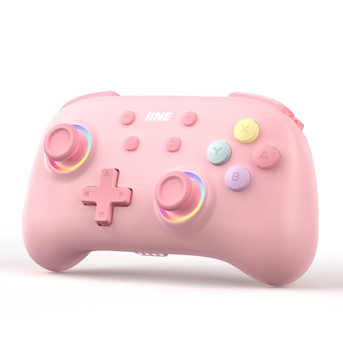 IINE Kabelloser Controller für Switch/PC/Android/IOS, Niedlicher Gamepad mit RGB-Beleuchtung, Mini Pro Controller mit Turbo/Makro/NFC Amiibo/Bewegungssensor/Wake-Up/Rumble (Pink) von IINE