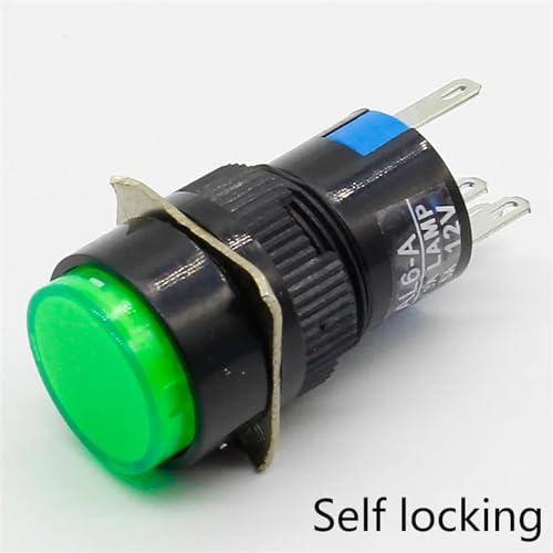 16 mm DC 6 V 12 V 24 V 220 V LED-Drucktastenschalter, blau, grün, rot, gelb, weiße Lampe, feste Drucktastenschalter, verriegelnd, Push-On-Start, 1 Stück (Color : Green, Size : 220V) von IJEKINNE