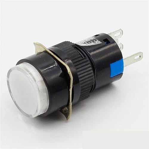 16 mm DC 6 V 12 V 24 V 220 V LED-Drucktastenschalter, blau, grün, rot, gelb, weiße Lampe, feste Drucktastenschalter, verriegelnd, Push-On-Start, 1 Stück (Color : White, Size : 6(6.3) V) von IJEKINNE
