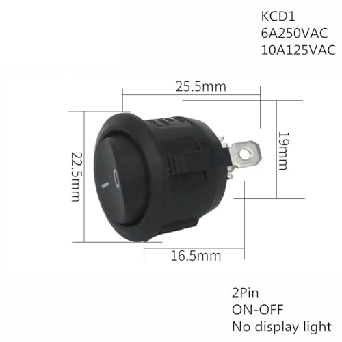 EIN/AUS Runder Wippschalter LED beleuchtetes Auto 12V 24V / 6A 250V / 10A 125V 2/3/4PIN Schalter 20MM 1St (Color : 2Pin black ON-OFF) von IJEKINNE