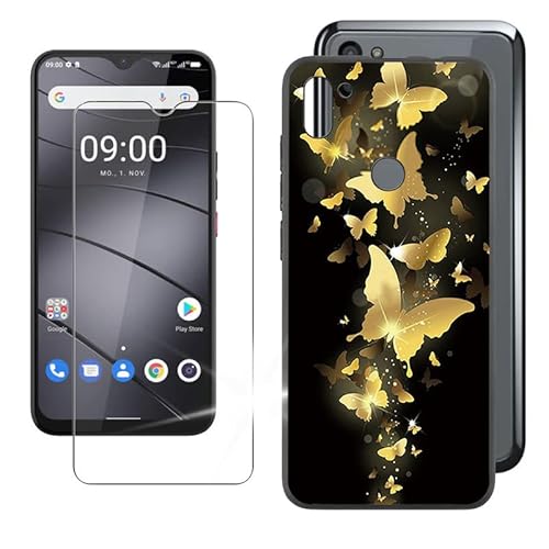 IJTYHF Gehärtetes Glas Schutzfolie Glass + Hülle Schutzhülle für Gigaset GS5 Lite (6.30") Black Silikon Flexibel Weich TPU Handyhülle Tasche Case Cover -Heller Schmetterling von IJTYHF