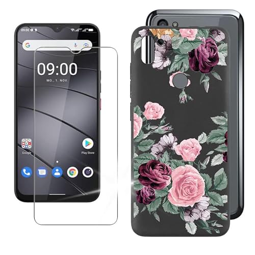 IJTYHF Gehärtetes Glas Schutzfolie Glass + Hülle Schutzhülle für Gigaset GS5 Lite (6.30") Black Silikon Flexibel Weich TPU Handyhülle Tasche Case Cover -Pinke Rose -A37 von IJTYHF