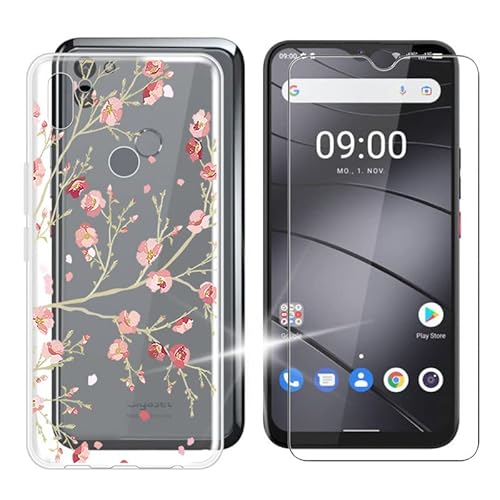 IJTYHF Gehärtetes Glas Schutzfolie Glass + Hülle Schutzhülle für Gigaset GS5 Lite (6.30") Transparent Silikon Flexibel Weich TPU Handyhülle Tasche Case Cover -Pinke Blume von IJTYHF