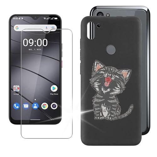 IJTYHF Gehärtetes Glas Schutzfolie Glass + Hülle Schutzhülle für Gigaset GS5 Pro (6.30") Black Silikon Flexibel Weich TPU Handyhülle Tasche Case Cover -Fröhliche Katze von IJTYHF