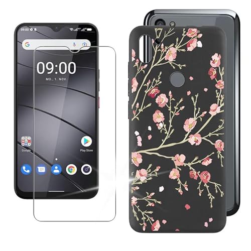 IJTYHF Gehärtetes Glas Schutzfolie Glass + Hülle Schutzhülle für Gigaset GS5 Pro (6.30") Black Silikon Flexibel Weich TPU Handyhülle Tasche Case Cover -Pinke Blume von IJTYHF