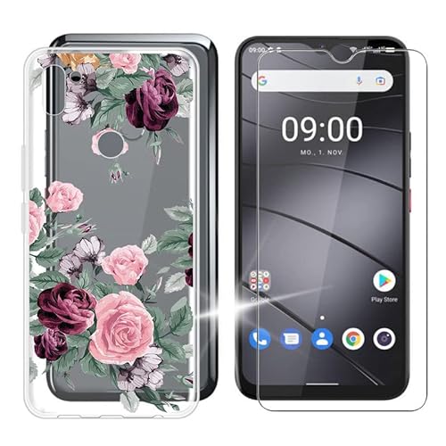 IJTYHF Gehärtetes Glas Schutzfolie Glass + Hülle Schutzhülle für Gigaset GS5 Pro (6.30") Transparent Silikon Flexibel Weich TPU Handyhülle Tasche Case Cover -Pinke Rose -A37 von IJTYHF