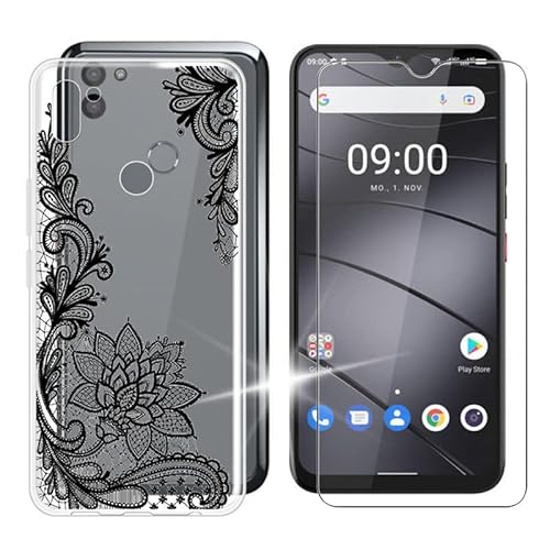 IJTYHF Gehärtetes Glas Schutzfolie Glass + Hülle Schutzhülle für Gigaset GS5 Pro (6.30") Transparent Silikon Flexibel Weich TPU Handyhülle Tasche Case Cover -Schwarze Blume -WM108 von IJTYHF