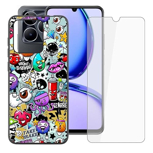 IJTYHF Gehärtetes Glas Schutzfolie Glass + Hülle für Realme C53 RMX3760 Schutzhülle (6.74") Black Silikon Flexibel Weich TPU Handyhülle Tasche Case Cover -Cartoon-Parodie -40 von IJTYHF