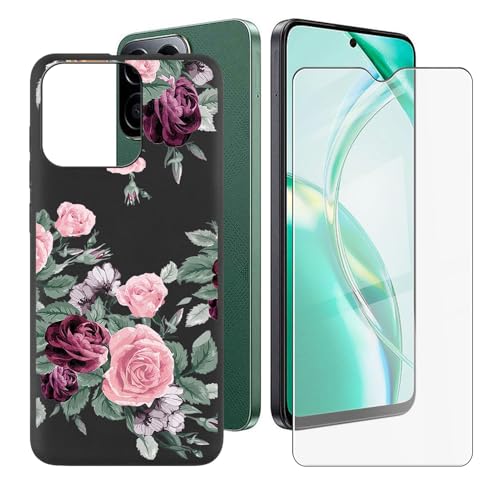 IJTYHF Hülle für Honor 200 Smart (6.80 Zoll) Handyhülle Silikon Cases Weich Phone Case TPU Cover Protector Hüllen Black Bumper + Displayschutzfolie Gehärteter Film -Pinke Rose -A37 von IJTYHF