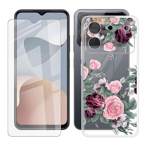 IJTYHF Hülle für ZTE Blade A54 (6.60 Zoll) Handyhülle Cases Silikon Weich TPU Cover Phone Case Protector Hüllen Transparent Bumper + Displayschutzfolie Gehärteter Film -Pinke Rose -A37 von IJTYHF