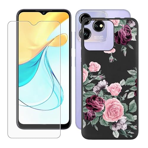 IJTYHF Hülle für ZTE Blade V50S (6.60 Zoll) Handyhülle Silikon Cases Weich Phone Case TPU Cover Protector Hüllen Black Bumper + Displayschutzfolie Gehärteter Film -Pinke Rose -A37 von IJTYHF