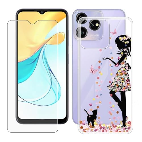 IJTYHF Hülle für ZTE Blade V50S (6.60 Zoll) Handyhülle Silikon Cases Weich Phone Case TPU Cover Protector Hüllen Transparent Bumper + Displayschutzfolie Gehärteter Film -Katze und Mädchen von IJTYHF