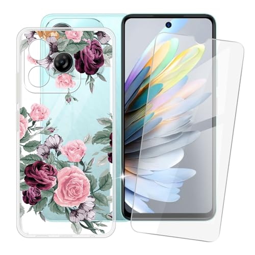 IJTYHF Hülle für zte Blade a75 4G (6.60 Zoll) Handyhülle Silikon Weich Phone Case TPU Cover Protector Hüllen Transparent Bumper+ Displayschutzfolie Gehärteter Film -Pinke Rose -A37 von IJTYHF