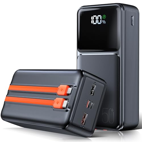 50000mAh Power Bank mit Kabel,Handy Akku Powerbank mit LED-Anzeige,Schnelles Aufladen USB C PD20W und QC 22,5W,2 Eingänge und 5 Ausgänge für Tablets Handy Outdoor Reisen Camping Angeln von IKHDCYH