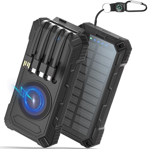 Wireless Solar PowerBank 56800 mAh mit kabelloser Ladefunktion, wasserdicht, Lieferung mit 5 Ausgängen, 3 Eingängen, Taschenlampe, Karabiner, Qc 30 W und USB C Pd 20 W für Handys, Tablets von IKHDCYH
