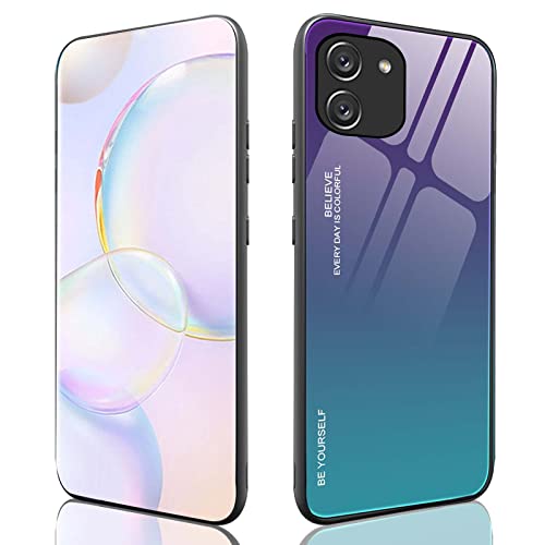 ILING Farbverlauf Glas Hülle für Samsung Galaxy A03, TPU/PC Silikon Schutzhülle Bunt Panzerglas Handyhülle (Lila blau) von ILING