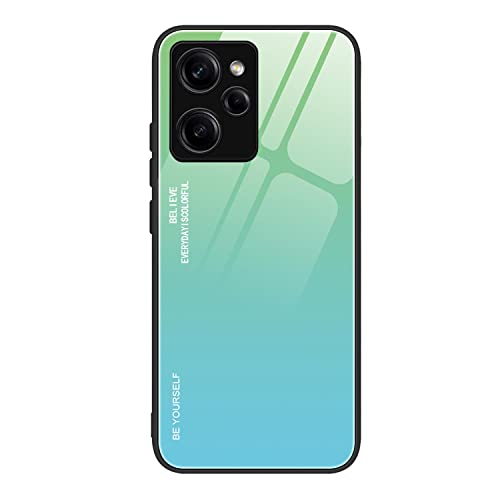 ILING Farbverlauf Glas Hülle für Xiaomi Poco X5 Pro, TPU/PC Silikon Schutzhülle Bunt Panzerglas Handyhülle, Stoßfeste TPU Bumper Case (Grün blau) von ILING