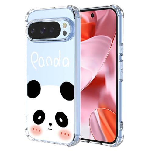 ILING Hülle für Google Pixel 9 / Google Pixel 9 Pro, Ultradünne Elegant Blumen und Niedliches Cartoon Muster Damen Handyhülle, Weich Silikon Transparent TPU Stoßfeste Schutzhülle (Panda) von ILING
