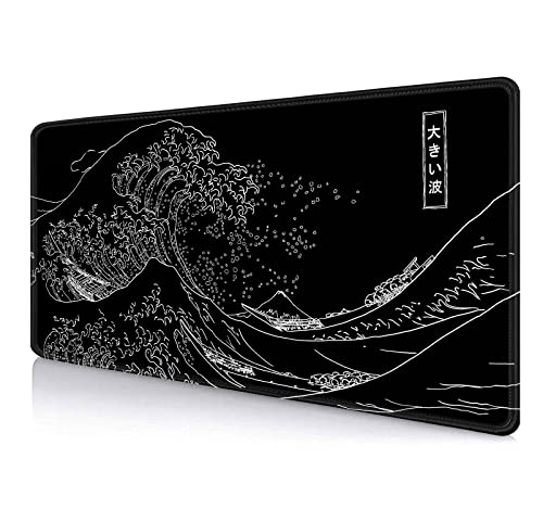 IMAYONDIA Japanisches Great Wave großes Mauspad (89.9x39.9 cm), schwarzes Gaming-Mauspad Anime XXL, rutschfeste Gummiunterseite, lange Computer-Mausunterlage von IMAYONDIA
