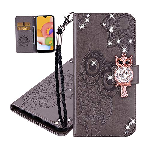 IMEIKONST Geprägt Case für Samsung A50 Hülle Eule Funkelnd Gems Diamanten Brieftasche Kartenfächern PU Leder Magnetic Ständer Schutzhülle Handyhülle für Samsung Galaxy A50 Owl Grey YK von IMEIKONST