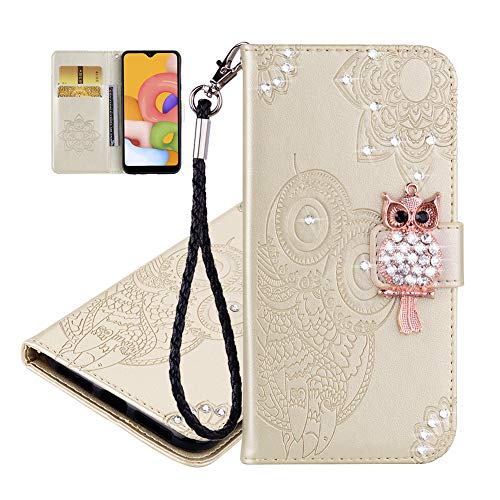 IMEIKONST Geprägt Case für Samsung A51 Hülle Eule Funkelnd Gems Diamanten Brieftasche Kartenfächern PU Leder Magnetic Ständer Schutzhülle Handyhülle für Samsung Galaxy A51 Owl Gold YK von IMEIKONST