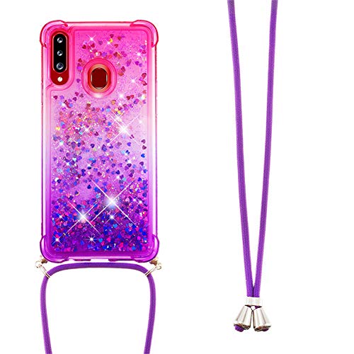 IMEIKONST Glitzer Handyhülle für Samsung Galaxy A20S Hülle, Quicksand Fließende Flüssigkeit schwimmt Silikon Case mit Umhängeband Handykordel Band Kette für Samsung Galaxy A20S Pink Purple YB von IMEIKONST