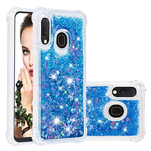 IMEIKONST Glitzer Hülle Kompatibel mit Samsung Galaxy A20E, Handyhülle Flüssig Mädchen Treibsand Schuzhülle Glitzer klar Stoßfest TPU Bumper Silikon Case für Samsung A20E. Love Blue YBW von IMEIKONST