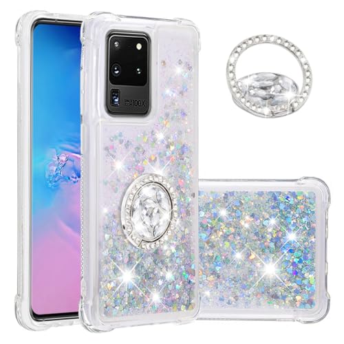 IMEIKONST Glitzer Hülle für Samsung Galaxy S20 Ultra Handyhülle mit Ring Halter Ständer, Pailletten Flüssig klar Schutzhülle für Mädchen Frauen Silikon Cover für Samsung S20 Ultra. Love Silver YBZ von IMEIKONST