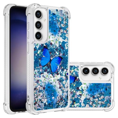 IMEIKONST Glitzer Hülle für Samsung Galaxy S23 FE, Stoßfest Handyhülle Transparent Slim Soft Silikon TPU Glitzernde Frauen und Mädchen Schutzhülle für Samsung S23 FE. Bling Blauer Schmetterling YB von IMEIKONST