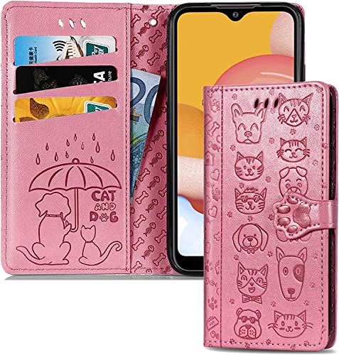 IMEIKONST Hülle Kompatibel mit Samsung Galaxy A14 4G, Handyhülle Tasche Premium Leder Flip Wallet Case Standfunktion Kartenfächern Magnetic Closure für Samsung A14 5G. Pink Cat Dog SD von IMEIKONST