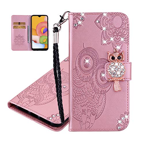 IMEIKONST Kompatibel mit Motorola Moto E13 Geprägt Hülle, Eule Funkelnd Diamanten Handyhülle Tasche Brieftasche Kartenfächern Magnetisch Ständer Schutzhülle für Motorola Moto E13. Owl Rose YK von IMEIKONST