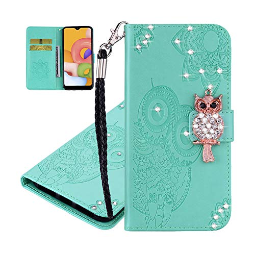 IMEIKONST Kompatibel mit Samsung Galaxy A34 5G Geprägt Hülle, Eule Funkelnd Diamanten Handyhülle Tasche Brieftasche Kartenfächern Magnetisch Ständer Schutzhülle für Samsung A34 5G. Owl Green YK von IMEIKONST