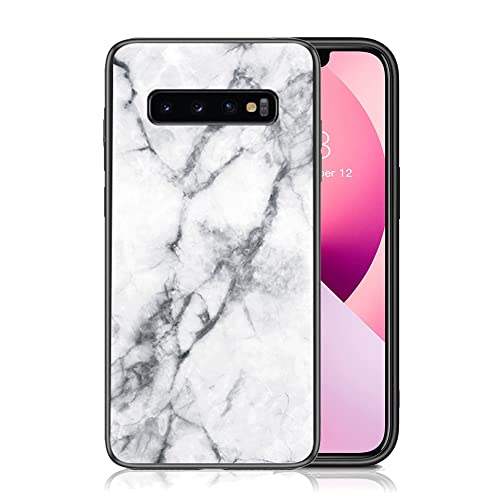 IMEIKONST Kompatibel mit Samsung Galaxy S10 Glitzer Hülle Gehärtetes Glas Rückseite + Stoßfest Weicher Bumper Handyhülle Marmor Kratzfeste Schutzhülle für Samsung S10. Weiß LSM von IMEIKONST