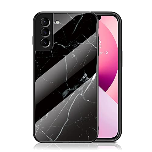 IMEIKONST Kompatibel mit Samsung Galaxy S22 Plus Glitzer Hülle Gehärtetes Glas Rückseite + Stoßfest Weicher Bumper Handyhülle Marmor Ultradünne Schutzhülle für Samsung S22 Plus. Schwarz Silber LSM von IMEIKONST