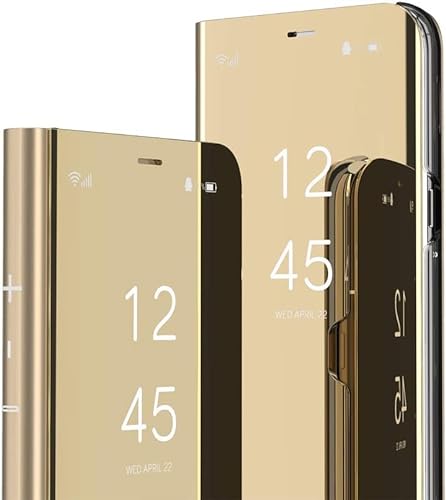 IMEIKONST Kompatibel mit iPhone 15 Pro Max Hülle, Buchstil Handyhülle Schmink Spiegel Klare Sicht Ständer Schutzhüllen Tasche Klapphülle für iPhone 15 Pro Max. Flip Mirror Golden QH von IMEIKONST