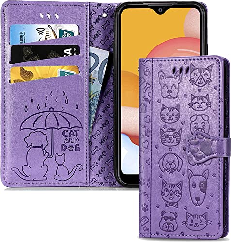 IMEIKONST Samsung Galaxy A14 4G Flip Hülle, Handyhülle PU Leder Magnet Kartenfächer Brieftasche Tasche Skin Ständer Handytasche Schutzhülle Case Cover für Samsung A14 5G. Lavender Cat Dog SD von IMEIKONST