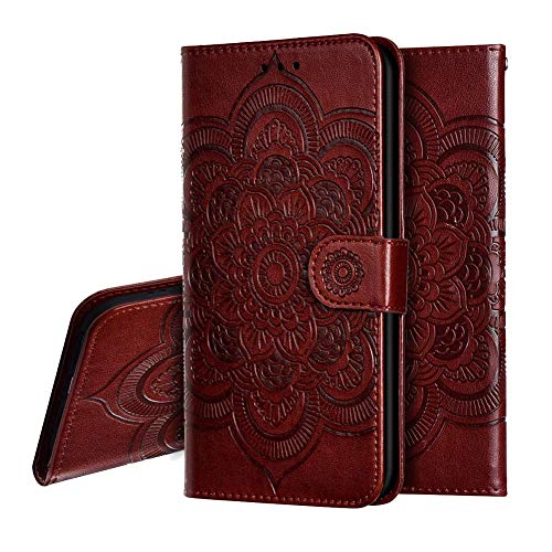 IMEIKONST Sony Xperia XZ3 Hülle Mandala Embossed Premium Leder Flip Brieftasche Kartenfächern Holder Magnetic Ständer Schutzhülle Handyhülle für Sony Xperia XZ3 Mandala Brown LD von IMEIKONST