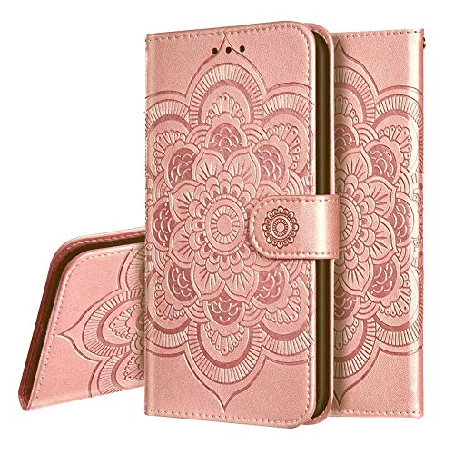 IMEIKONST iPhone XR Hülle Mandala Embossed Premium Leder Flip Brieftasche Kartenfächern Holder Magnetic Ständer Schutzhülle Handyhülle für iPhone XR Mandala Rose Gold LD von IMEIKONST