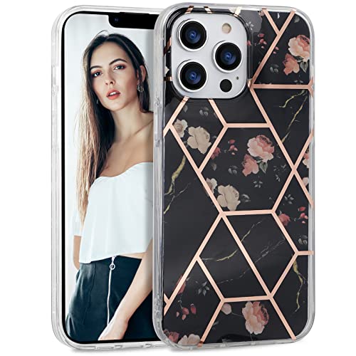 IMIKOKO Hülle für iPhone 14 Pro, Geometrie Muster TPU Giltter Schutzhülle 14 Pro Case Cover 6,1 Zoll Handyhülle, EIN erhöhter Kamerarand Schützen vor Kratzern (Schwarze Blumen) von IMIKOKO