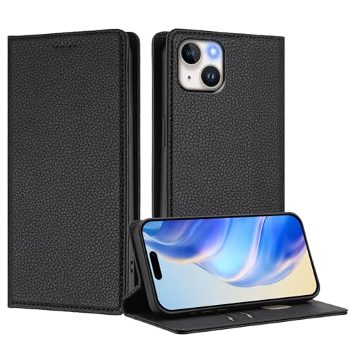 IMIRST Brieftaschen-Hülle für iPhone 14 Plus, PU-Leder-Folio, magnetisch, RFID Blocker Kartenhülle, Ständer, kompatibel mit Apple iPhone 14 Plus, LZW Black von IMIRST