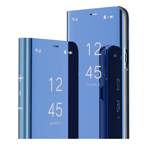 IMIRST Flip Hülle für Samsung S24 Plus - Design mit Schminkspiegel Klare Sicht Flip Buchstil Luxuriöse Schutzhülle mit Ständer für Samsung Galaxy S24+. Flip Mirror: Blue von IMIRST