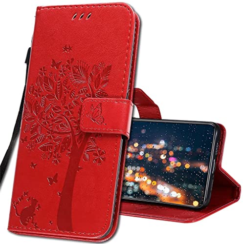 IMIRST Handyhülle für Oppo A74 5G Smartphone, Leder hülle für Oppo A93 5G Flip Geldbörse Schutzhülle mit Kreditkarten, Ständer für Oppo A54 5G / A74 5G / A93 5G. KT1 Wish Tree Red von IMIRST