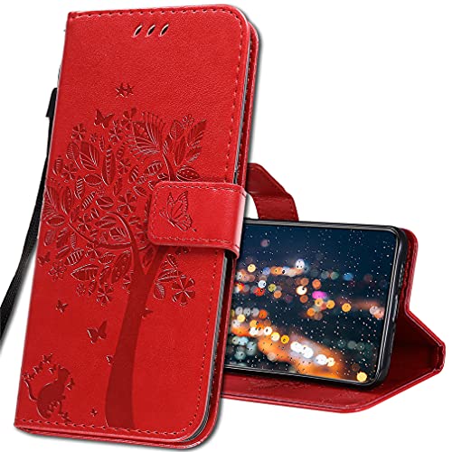 IMIRST Handyhülle für Realme 6i Smartphone, Leder hülle für Realme 5 Flip Geldbörse Schutzhülle mit Kreditkarten, Ständer für Realme 5 / Realme 6i / Realme C3. KT1 Wish Tree Red von IMIRST